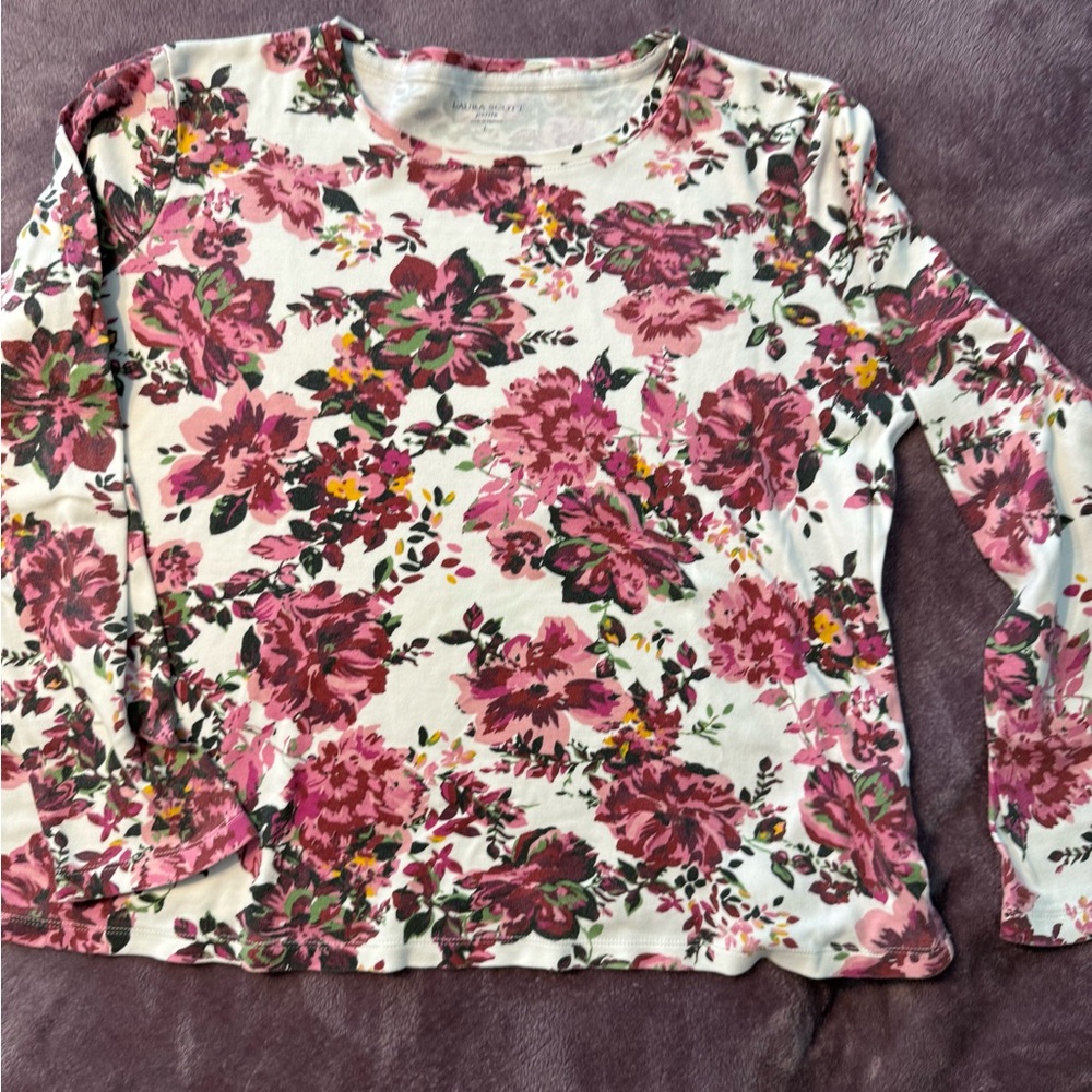 Laura Scott Pink and Green Floral Blouse